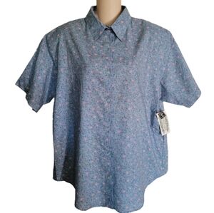 Vintage Separate Issue Blue Floral Button Down Short Sleeve Top Size Women's L